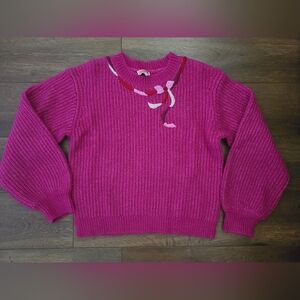 Kate Spade New York Wool Blend Pink Bow Embroidered ribbed knit sweater Sz L